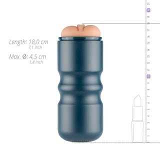 Realistisk Vagina - FPPR Mocha, en blå cylindrisk behållare med ett beige lock och märkta mått, sitter bredvid ett läppstift för skala. Denna eleganta design ger en subtil antydan om möjligheterna till stimulering och utforskning.