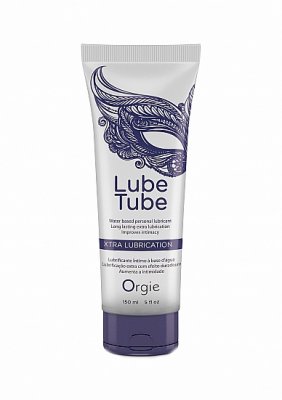 Lube Tube Xtra Lubrication - 150 ml erbjuder en smidig, bekväm upplevelse med sin vattenbaserade formel, förpackad i en slående blå dekorativ design som liknar silikonprodukter.