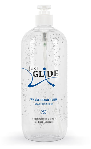 Just Glide Waterbased Glidmedel" kommer i en klar pumpflaska som visar bubblor i sitt vattenbaserade medicinska glidmedel, med tysk text som betonar dess vattenbaserat glidmedel-formulering.