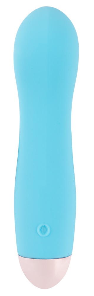 Denna vattentät gadget är Cuties Mini vibrator, en 13 cm blå cylindrisk enhet med en slät yta, vit bas och har vibrationslägen.