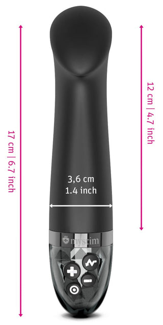 Mystim G-punktvibrator E-Stim har en böjd spets, en svart design med mätetiketter, åtta vibrationsinställningar och knappar på sin transparenta bas.
