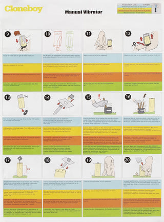 Illustrerad manual med titeln "Cloneboy Vibrator Manual" med steg-för-steg-instruktioner och färgglada diagram, med silikonvibratorn från det innovativa setet för peniskloning.