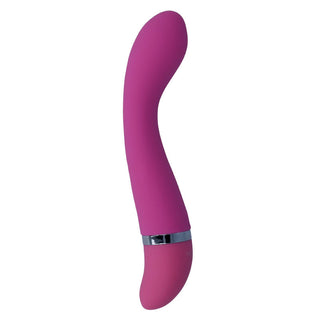 Intense Leo G-punktstav är en lila, böjd vibrator tillverkad av kroppssäkert silikon, med ett silverband nära basen och visas på en vit bakgrund.