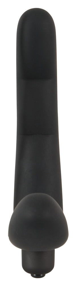 Ett elegant, svart cylindriskt föremål med bred bas och minimalistisk design, som påminner om Prostata / G-punkt Vibrator - 13 cm, isolerad på en vit bakgrund.
