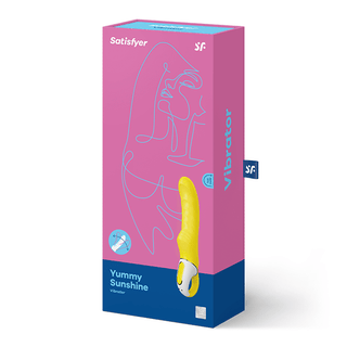 Satisfyer Yummy Sunshine, med en rosa och blå låda, inkluderar en gul vibrator gjord av kroppsäkert silikon för ultimat njutning, vilket säkerställer exakta g-punkt-stimulans varje gång.