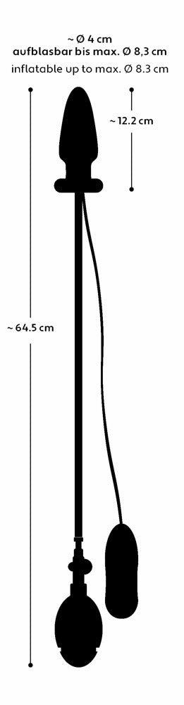 Silhuett av Uppblåsbar & Vibrerande Buttplug med en bulbpump, märkta dimensioner i centimeter, gjord av premium silikonmaterial.