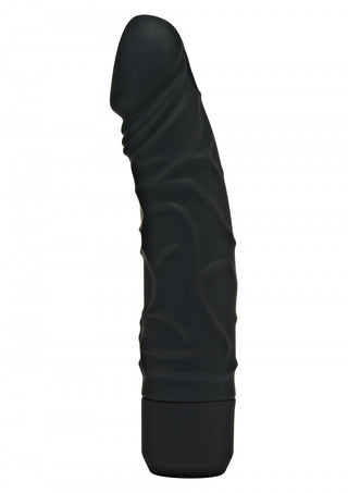 Get Real 20 cm Vibratordildo" har en svart, texturerad silikonexteriör med en semi-realistisk design och böjd form, vilket ger överlägsen g-punkt-stimulering när du står upprätt på en vit bakgrund.