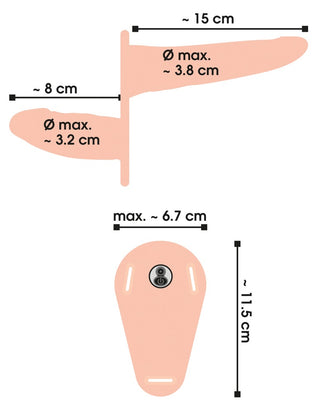Ett diagram över Dubbel Vibrerande Strap-On - Till Henne, en rosa ergonomisk design gjord av slät silikon, visar både topp- och sidovyer, och framhäver maximala diametrar i centimeter.