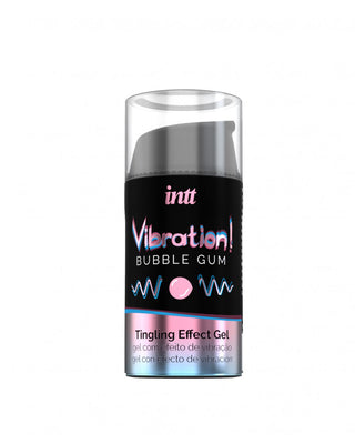Intt Vibration Orgasmgel kommer i en cylindrisk svart flaska med rosa och blå våggrafik och en tuggummiikon. Dess pirrandeeffektgel ger en upphetsande stickande känsla, framhävd av flerspråkig text på förpackningen.