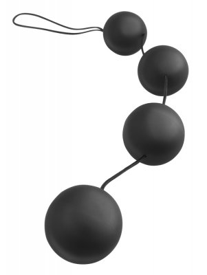 Analkulor Vibro Balls, designade för bäckenbottenträning, är svarta sfäriska sammankopplade pärlor med en ögla i ena änden, arrangerade i en böjd linje mot en vit bakgrund.