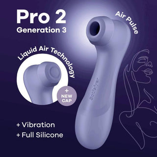 Upptäck Satisfyer Pro 2 Generation 3, en revolutionerande lufttrycksvibrator med Liquid Air Technology och en unik keps för förbättrad klitorisstimulering, mot en elegant mörk bakgrund i elegant lila.