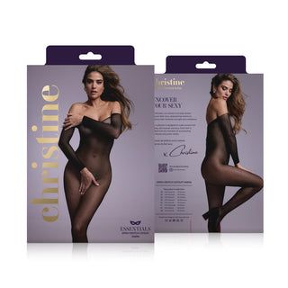 En kvinna i svart Catsuit Vaera Svart poserar på förpackningen, med produktdetaljer på baksidan.