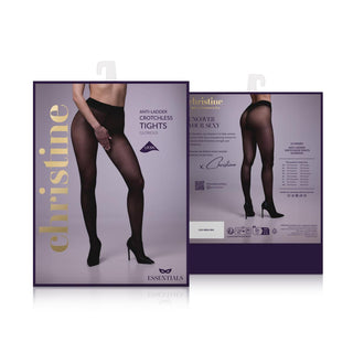 Christine Tåliga Strumpbyxor-förpackningen visar upp en modell som bär nylon, vackert visar sin eleganta design från både fram- och baksidan, med den öppna gren-stilen.