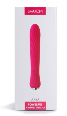 Boxen visar upp den rosa Svakom Anya Värmande Vibrator, hyllad för sin kraftfulla prestanda och värmande funktion. Denna vibrator är gjord med snygga silikonspår och ger en oöverträffad lyx- och komfortupplevelse.