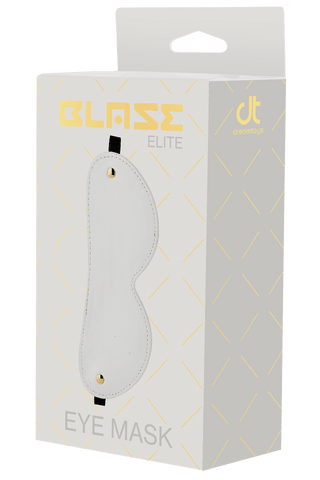 Blaze Elite Ögonmask har en vit ögonmask i märkesförpackning, accentuerad med gyllene metalldetaljer och en elegant geometrisk design.