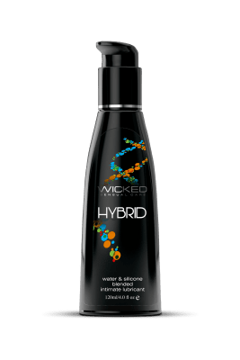 Wicked Hybrid 120 ml-flaskan, i en elegant svart design med ett färgstarkt molekylärt mönster, inkluderar en bekväm pumptop och kombinerar det bästa av vattenbaserade och silikonformler för en exceptionell sensuell upplevelse.