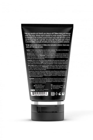 Den svartvita tuben märkt "Wicked Onani Glidmedel 120ml" beskriver dess högkvalitativa smörjmedelsanvändning, med ingredienser och försiktighetsåtgärder på baksidan.