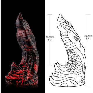 Wildolo Appstyrd Dildo 22 cm är en elegant svart och röd skulptur med en abstrakt, vågig design på en skarp delad bakgrund.
