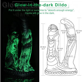 Hismith Wildolo Dubbeldildo, en glöd-i-mörkret skulpterad dildo, inkluderar ett tekniskt diagram med mått och erbjuder 10 vibrationslägen plus bekväm USB magnetisk laddning.