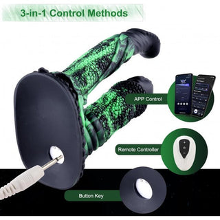 Hismith Wildolo Dubbeldildo är en grön texturerad dubbelsidig enhet med tre kontrollmetoder: appstyrd och fjärrstyrd, USB magnetisk laddning och knappnyckel.