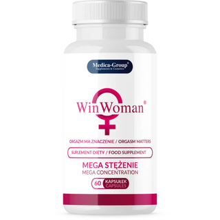 Vit plastflaska med rosa accenter märkt WinWoman Kapslar 60 st för kvinnor, innehållande 60 kapslar.