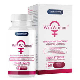 WinWoman Kapslar 60 st, plastflaska med vitt lock och röd etikett bredvid förpackning i vitt och rosa.