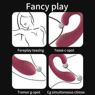 Kaninvibrator i rosa silikon med böjt skaft, extern stimulator och integrerad värmefunktion.