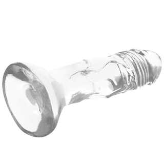 En X-Ray Clear Dildo - 12 cm, med en elegant latexfri design, är vinklad mot en vit bakgrund.