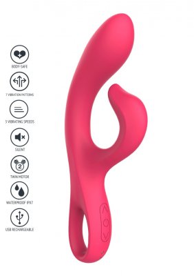 Endless Orgasm Vibrator har en böjd design, röd silikonkropp, öglehandtag och flera funktionsikoner. Tillverkad av kroppssäkert silikonmaterial för säker njutning.
