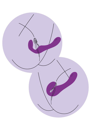 Den illustrerade guiden har en lila Strapless Strap-On Pulse-Vibe som framhäver dess användning på kroppsdelar i lila cirklar, och visar upp dess kroppssäkert silikonmaterial för säker njutning.