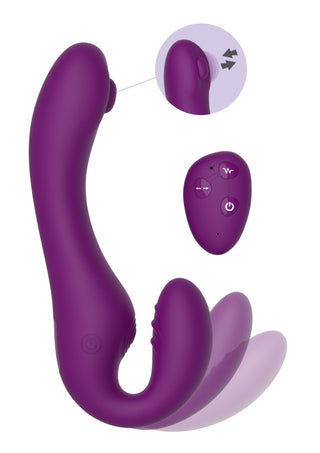 Strapless Strap-On Pulse-Vibe är en lila vibrerande massageapparat med en trådlös fjärrkontroll, med flera inställningar och en ergonomisk design gjord av kroppssäker silikon.