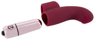 Finger Vibrator Med Bullet, en lila silikonvibrator i kombination med en elegant metallisk kulvibrator, är elegant utställd på en vit bakgrund och erbjuder sensuell massage för en förbättrad upplevelse.