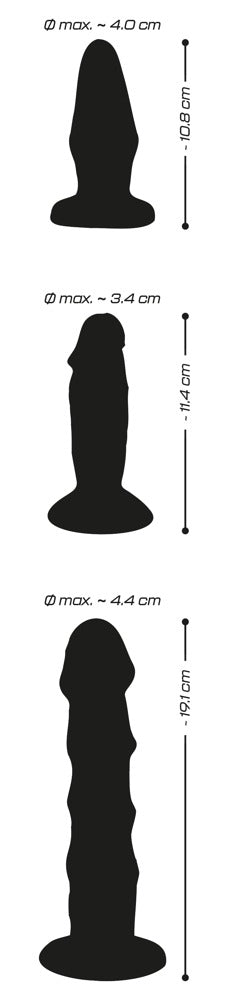 You2Toys Crystal Clear Analset har silhuetter av tre unikt formade föremål med varierande höjder och diametrar, gjorda för anal njutning.