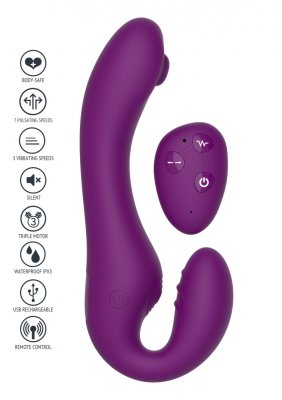 Strapless Strap-On Pulse-Vibe är en lila dubbelmotor vibrator gjord av kroppssäker silikon. Den har flera hastigheter, vattentät design, USB-laddning och kommer med en bekväm fjärrkontroll.